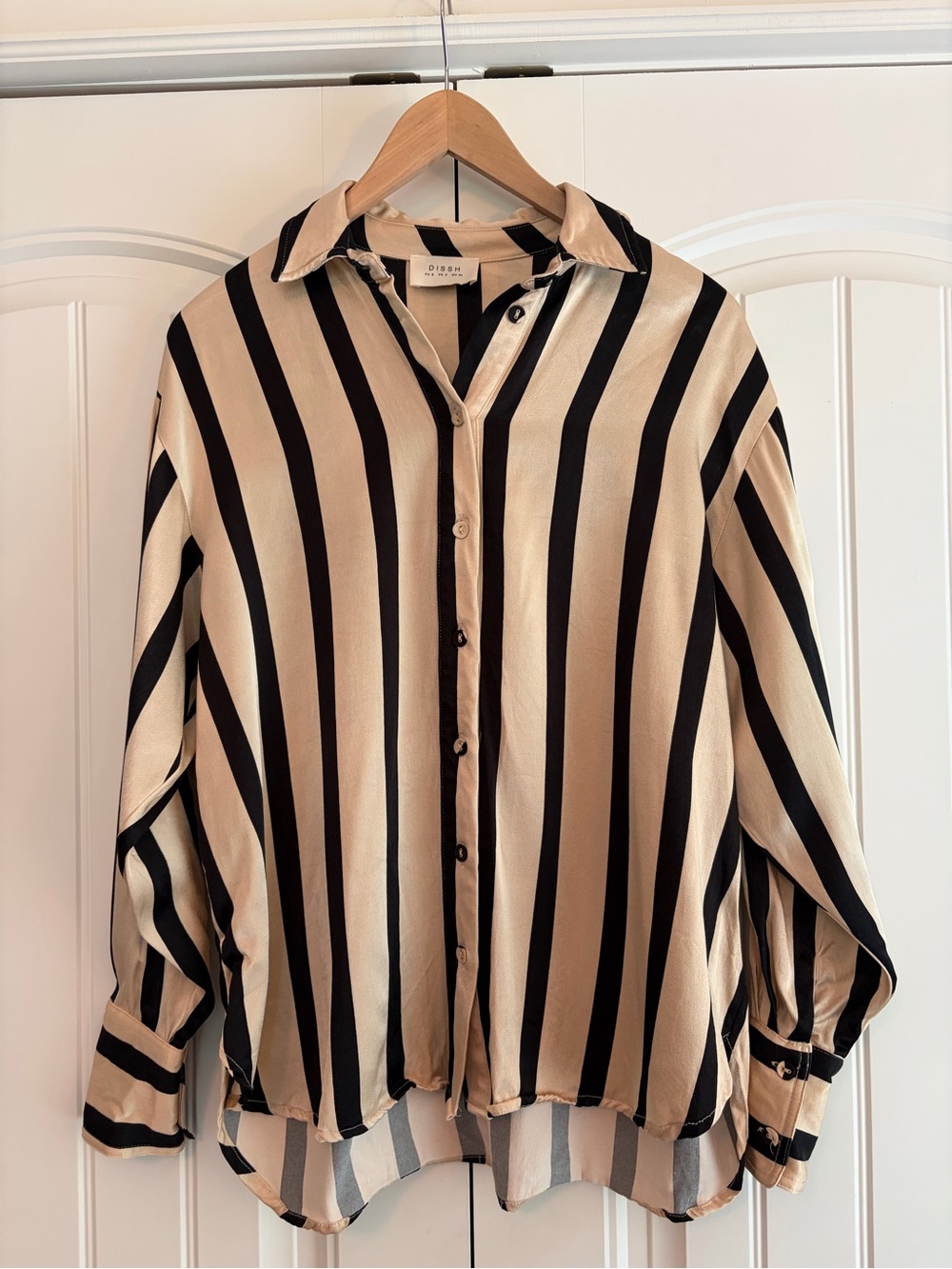 DISSH Satin Long Sleeve Button Up Blouse Beige Black Striped Women's Sz 2 - Picture 2 of 9